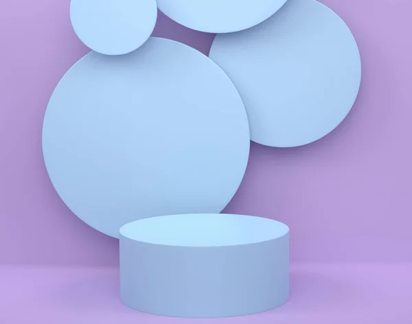 带紫色背景台阶的彩色蓝色圆柱形讲台 产品展示背景的抽象逼真几何基础或平台的三维渲染 最低限度场景 — 图库照片