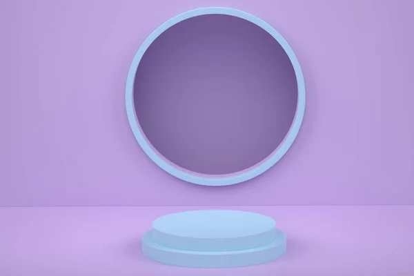 带紫色背景台阶的彩色蓝色圆柱形讲台 产品展示背景的抽象逼真几何基础或平台的三维渲染 最低限度场景 — 图库照片