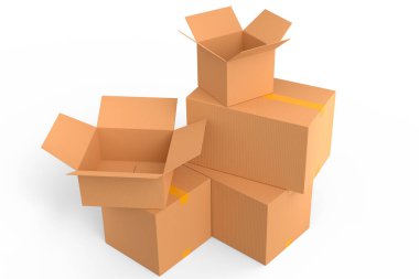 Beyaz arka planda izole edilmiş karton kutular ya da karton hediye kutusu. 3D ekspres teslimat kavramı depo, paket taşımak ve çevrimiçi alışveriş