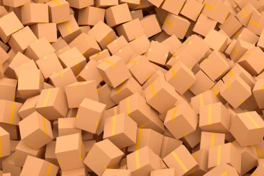 Beyaz arka planda izole edilmiş bir yığın karton kutu ya da hediye kutusu. 3D ekspres teslimat kavramı depo, paket taşımak ve çevrimiçi alışveriş