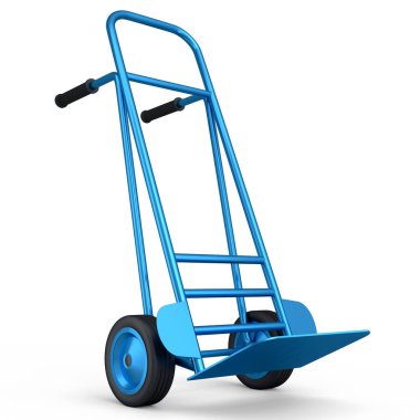 Boş bir el arabası ya da beyaz arka planda izole edilmiş bir kule. 3D teslimat ve depo ve mağaza eşyaları taşıma