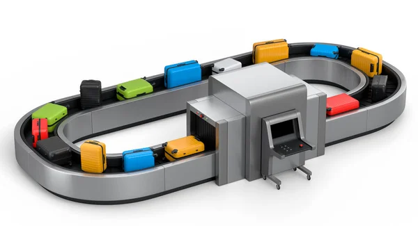 Luchthavenbagage Transportband Bagageruimte Met Koffers Witte Achtergrond Weergave Van Reis — Stockfoto