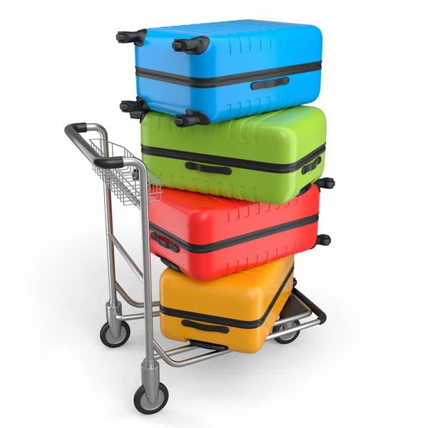 Regular polycarbonate suitcase on hotel trolley cart for carrying baggage on white background. 3d render travel concept of hotel service on vacation and luggage transportation