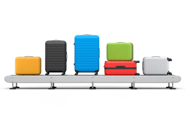 白い背景にスーツケース付きの空港荷物コンベアベルト 製造ラインまたは手荷物請求エリア 旅行休暇の概念の3Dレンダリング — ストック写真