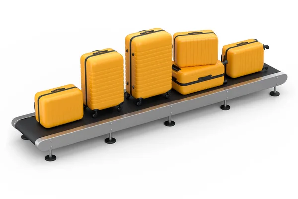 白い背景にスーツケース付きの空港荷物コンベアベルト 製造ラインまたは手荷物請求エリア 旅行休暇の概念の3Dレンダリング — ストック写真