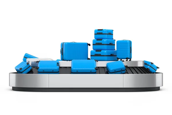 白い背景にスーツケース付きの空港荷物コンベアベルトまたは手荷物受取所 旅行休暇の概念の3Dレンダリング — ストック写真