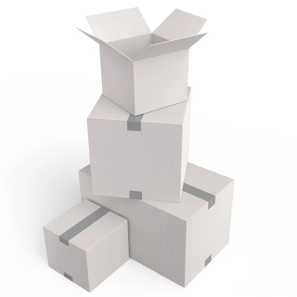 白い背景に隔離された段ボール箱またはカートンギフトボックスのセット 倉庫へのエクスプレス配送 小包とオンラインショッピングの3Dレンダリングコンセプト — ストック写真