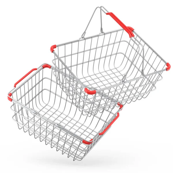 Beyaz Arka Planda Süpermarketten Bir Set Metal Tel Alışveriş Sepeti — Stok fotoğraf