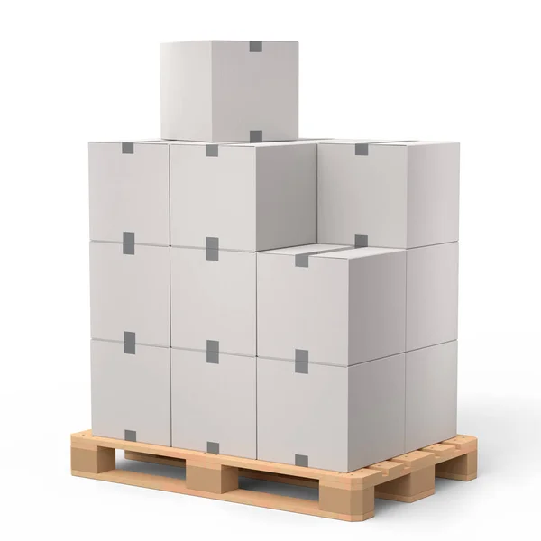 一套木制托盘 用于仓库货物储存 白色背景的纸板箱 货物装卸和运输 仓储服务设备托盘的三维渲染 — 图库照片