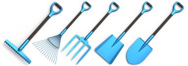 Bahçedeki bahçıvan ve saksılar için beyaz arka planda bahçe aletleri ve malzemeler. 3D bahçe işleri ve tarım malzemeleri kavramı