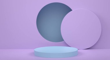 Pastel mavi silindir podyumu, mor arka planda basamakları var. Ürün gösterimi için soyut gerçekçi geometrik kaide veya platformun 3 boyutlu canlandırması. En küçük sahne.