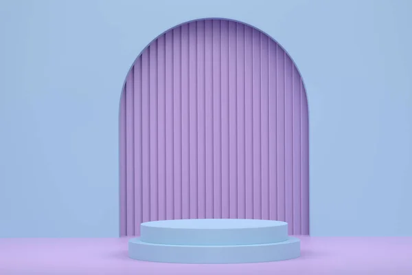 Pastellblått Cylinderpodium Med Steg Violett Bakgrund Återgivning Abstrakt Realistisk Geometrisk — Stockfoto