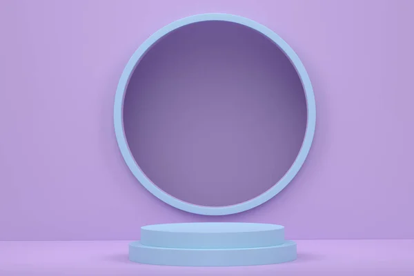 紫の背景にステップとパステルブルーのシリンダーの表彰台 製品表示プレゼンテーションのための背景に抽象的な現実的な幾何学的な台座やプラットフォームの3Dレンダリング ミニマルシーン — ストック写真