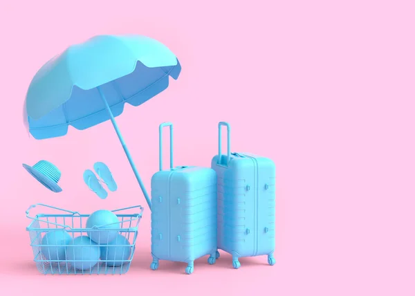Colorful Luggage Beach Accessories Shopping Basket Flying Monochrome Background Render — ストック写真