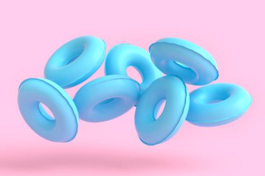 Colorful inflatable rings flying on monochrome background. 3D render of summer vacation concept and holidays