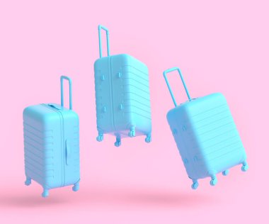 Colorful suitcase or baggage flying on monochrome background. 3D render of summer vacation concept and holidays