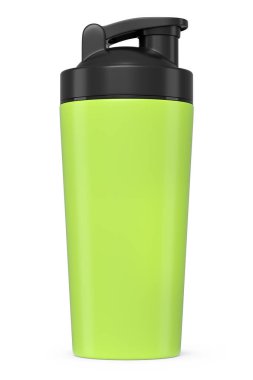 Beyaz arka planda izole edilmiş protein içeceği için yeşil plastik karıştırıcı. Spor gıda kokteyl kabının 3 boyutlu sunucusu