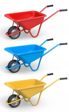 Bahçedeki bahçıvan ve saksılar için beyaz arka planda bahçe aletleri ve malzemeler. 3D bahçe işleri ve tarım malzemeleri kavramı