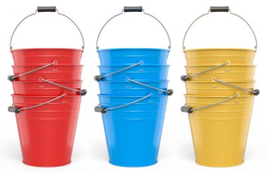 Bahçedeki bahçıvan ve saksılar için beyaz arka planda bahçe aletleri ve malzemeler. 3D bahçe işleri ve tarım malzemeleri kavramı