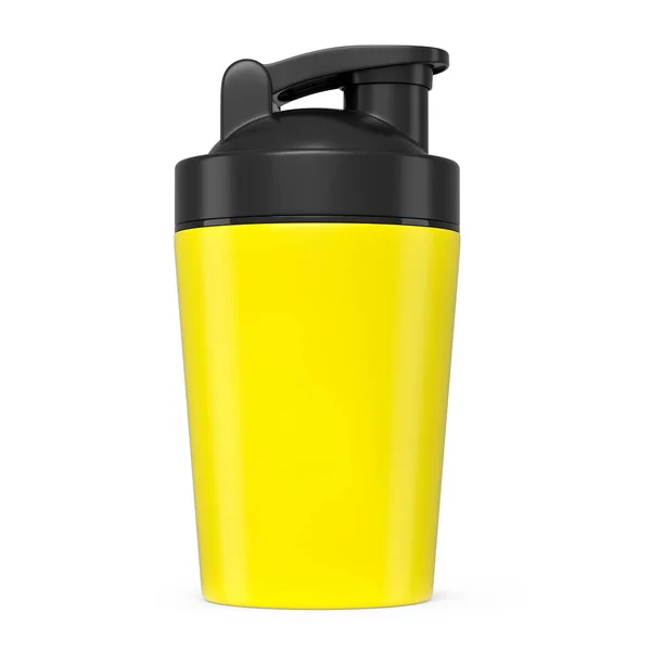 用于蛋白质饮料的黄色塑料运动振动器 分离于白色背景中 运动食品鸡尾酒容器三维渲染 — 图库照片