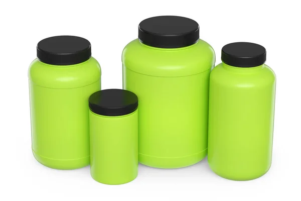 一套绿色塑料瓶 用于运动营养乳清蛋白和增强剂粉末分离的白色背景 交配式 桁架式和举重运动的运动补充剂3D渲染 — 图库照片