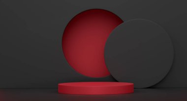 Siyah arka planda basamakları olan kırmızı silindir podyum. Ürün gösterimi için soyut gerçekçi geometrik kaide veya platformun 3 boyutlu canlandırması. En küçük sahne.