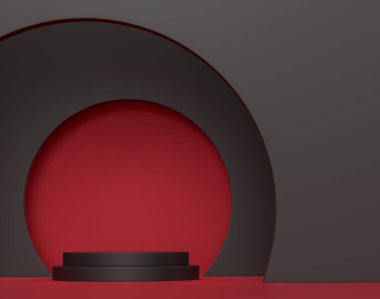 Siyah arka planda basamakları olan kırmızı silindir podyum. Ürün gösterimi için soyut gerçekçi geometrik kaide veya platformun 3 boyutlu canlandırması. En küçük sahne.