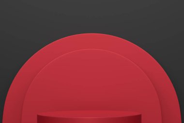 Siyah arka planda basamakları olan kırmızı silindir podyum. Ürün gösterimi için soyut gerçekçi geometrik kaide veya platformun 3 boyutlu canlandırması. En küçük sahne.
