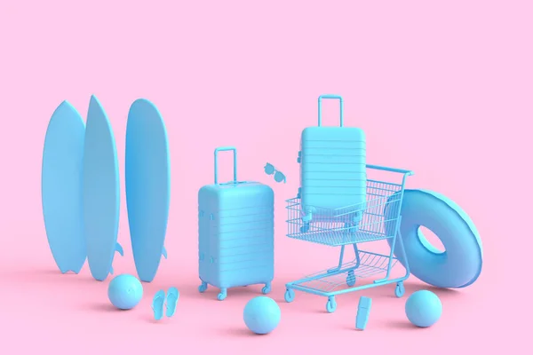Kolorowy Bagaż Akcesoriami Plażowymi Wózkiem Monochromatycznym Tle Renderowanie Koncepcji Letnich — Zdjęcie stockowe