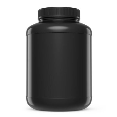 Siyah plastik kavanoz spor beslenme için beyaz arka planda izole edilmiş protein ve kazanç tozu. Crossfit, trx ve power lift egzersizleri için 3 boyutlu spor hazırlama