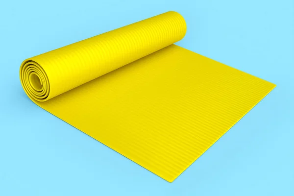 黄色瑜伽垫或轻质泡沫露营床胶垫隔离在蓝色背景 3D提供用于健身 瑜伽和积极锻炼的体育设备 — 图库照片