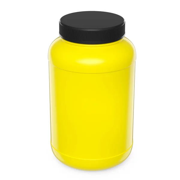 Gele Plastic Pot Voor Sportvoeding Wei Eiwit Gainer Poeder Geïsoleerd — Stockfoto