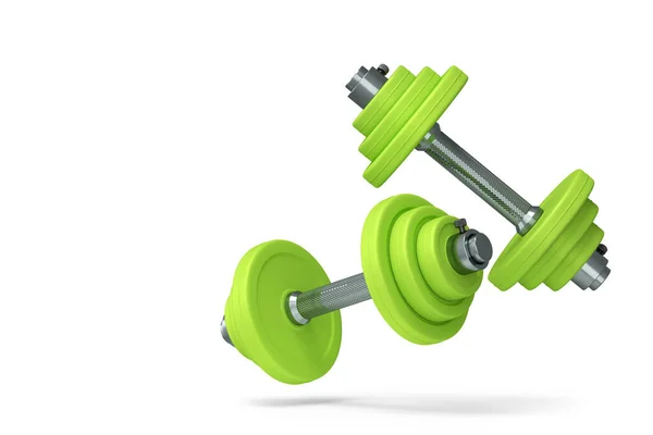 一对哑铃与绿色圆盘隔离在白色背景 3D提供用于健身和举重的体育设备 — 图库照片