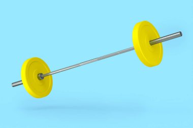 Mavi arka planda sarı diskleri olan soyut metal halterler. Spor malzemelerinin fitness ve powerlift için 3D yorumlaması