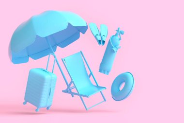 Colorful luggage with beach accessories and diving gear on monochrome background. 3D render of summer vacation concept and holidays