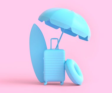 Colorful surfboard, beach ring, umbrellas and lugagge on monochrome background. 3D render of summer vacation concept and holidays