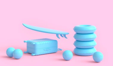Colorful surfboard, beach rings and balls on monochrome background. 3D render of summer vacation concept and holidays