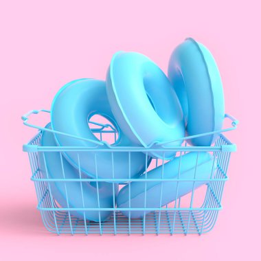 Colorful inflatable ring in shopping basket on monochrome background. 3D render of summer vacation concept and holidays