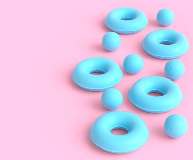 Colorful inflatable rings and balls on monochrome background. 3D render of summer vacation concept and holidays