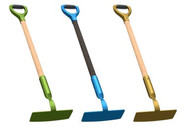 Bahçedeki bahçıvan ve saksılar için beyaz arka planda bahçe aletleri ve malzemeler. 3D bahçe işleri ve tarım malzemeleri kavramı