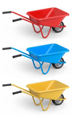 Bahçedeki bahçıvan ve saksılar için beyaz arka planda bahçe aletleri ve malzemeler. 3D bahçe işleri ve tarım malzemeleri kavramı