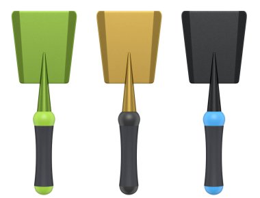 Bahçedeki bahçıvan ve saksılar için beyaz arka planda bahçe aletleri ve malzemeler. 3D bahçe işleri ve tarım malzemeleri kavramı