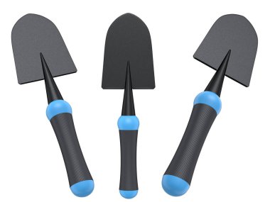 Bahçedeki bahçıvan ve saksılar için beyaz arka planda bahçe aletleri ve malzemeler. 3D bahçe işleri ve tarım malzemeleri kavramı