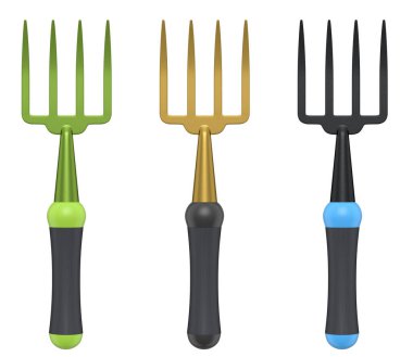 Bahçedeki bahçıvan ve saksılar için beyaz arka planda bahçe aletleri ve malzemeler. 3D bahçe işleri ve tarım malzemeleri kavramı