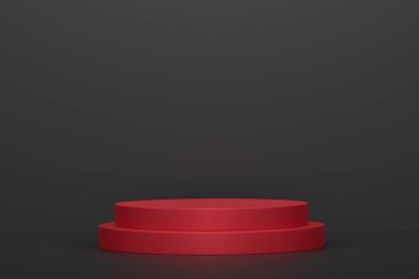 Siyah arka planda basamakları olan kırmızı silindir podyum. Ürün gösterimi için soyut gerçekçi geometrik kaide veya platformun 3 boyutlu canlandırması. En küçük sahne.