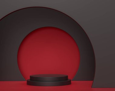 Siyah arka planda basamakları olan kırmızı silindir podyum. Ürün gösterimi için soyut gerçekçi geometrik kaide veya platformun 3 boyutlu canlandırması. En küçük sahne.