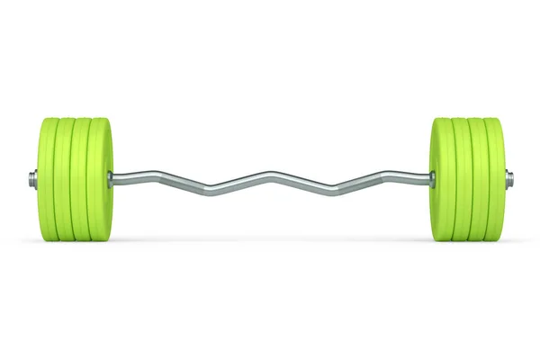 摘要带绿色圆盘形手柄的金属棒 在白色背景上隔离 3D提供用于健身和举重的体育设备 — 图库照片