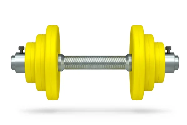 金属哑铃 黄色圆盘 白色背景隔离 3D提供用于健身和举重的体育设备 — 图库照片