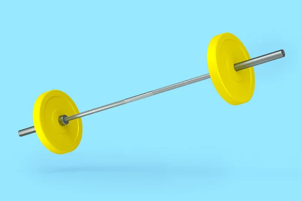 带黄色圆盘的带蓝色背景的抽象金属棒 3D提供用于健身和举重的体育设备 — 图库照片