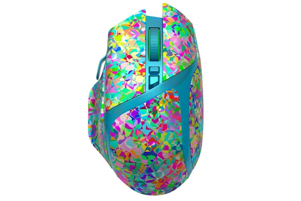 Wireless gaming computer mouse with mosaic seamless pattern on white background. 3d render of live streaming gear for cloud gaming and gamer workspace concept